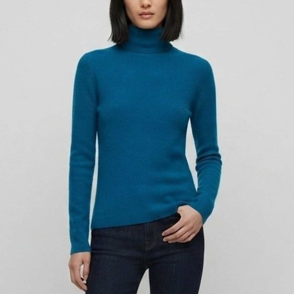 Vintage Casual Corner Silk Stretch Turtleneck Sweater Teal Blue XL Silk Blend